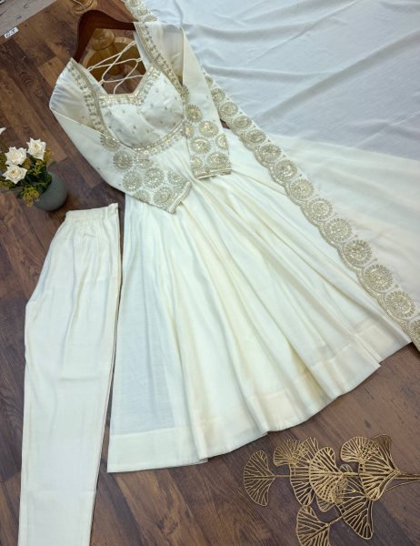Enchanting White Designer Roman Silk Gown with Chanderi Embroidered Dupatta Ready To Wear Collection