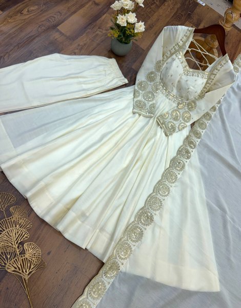 Enchanting White Designer Roman Silk Gown with Chanderi Embroidered Dupatta Ready To Wear Collection
