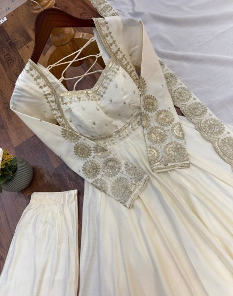 Enchanting White Designer Roman Silk Gown with Chanderi Embroidered Dupatta Ready To Wear Collection