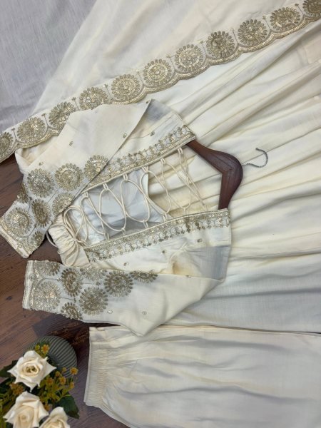 Enchanting White Designer Roman Silk Gown with Chanderi Embroidered Dupatta Ready To Wear Collection