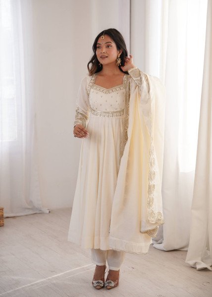 Enchanting White Designer Roman Silk Gown with Chanderi Embroidered Dupatta Ready To Wear Collection