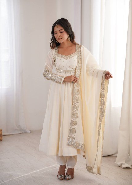 Enchanting White Designer Roman Silk Gown with Chanderi Embroidered Dupatta Ready To Wear Collection