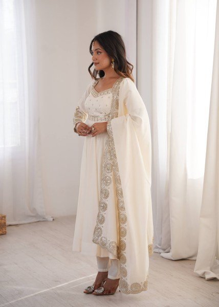 Enchanting White Designer Roman Silk Gown with Chanderi Embroidered Dupatta Ready To Wear Collection