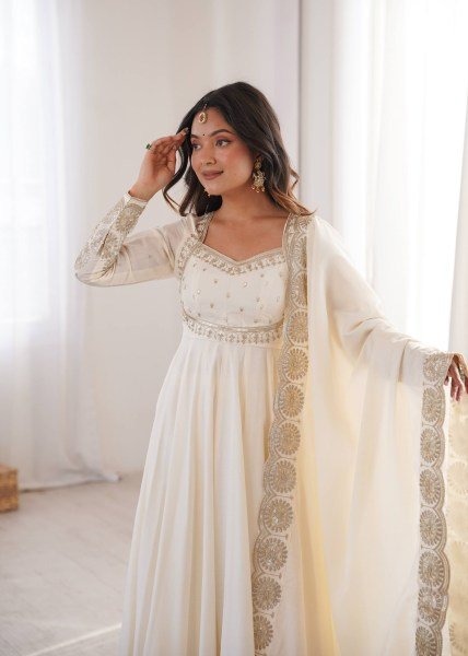 Enchanting White Designer Roman Silk Gown with Chanderi Embroidered Dupatta Ready To Wear Collection