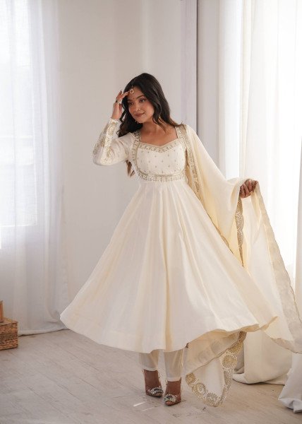 Enchanting White Designer Roman Silk Gown with Chanderi Embroidered Dupatta Ready To Wear Collection