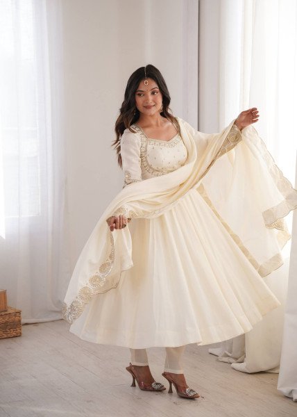 Enchanting White Designer Roman Silk Gown with Chanderi Embroidered Dupatta Ready To Wear Collection