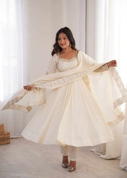 Enchanting White Designer Roman Silk Gown with Chanderi Embroidered Dupatta Ready To Wear Collection