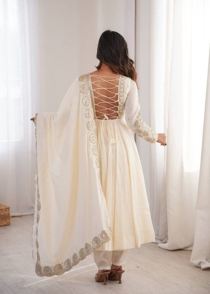 Enchanting White Designer Roman Silk Gown with Chanderi Embroidered Dupatta Ready To Wear Collection