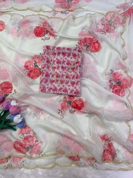 Enchanting White Designer Tebby Silk Saree with Floral Print and Handwork Blouse Sarees 