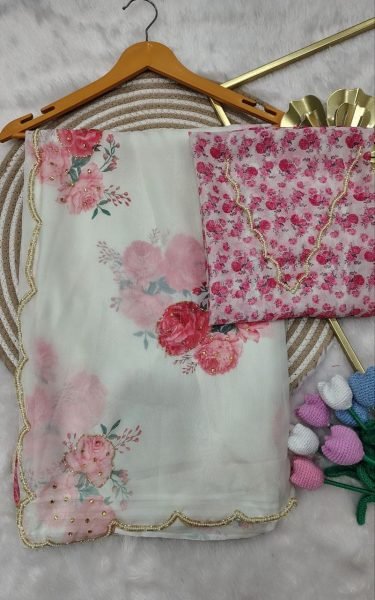 Enchanting White Designer Tebby Silk Saree with Floral Print and Handwork Blouse Printed Cotton Sarees Wholesale