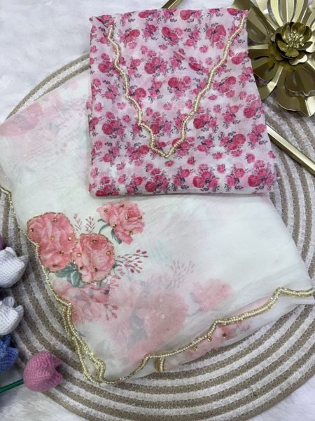 Enchanting White Designer Tebby Silk Saree with Floral Print and Handwork Blouse Printed Cotton Sarees Wholesale