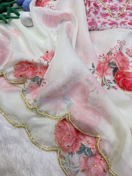 Enchanting White Designer Tebby Silk Saree with Floral Print and Handwork Blouse Printed Cotton Sarees Wholesale