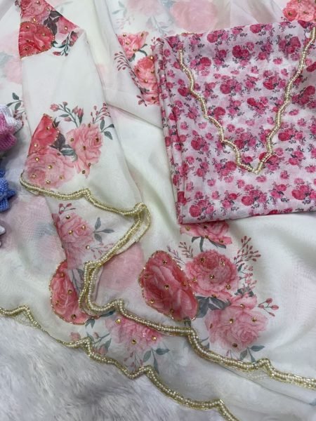 Enchanting White Designer Tebby Silk Saree with Floral Print and Handwork Blouse Printed Cotton Sarees Wholesale