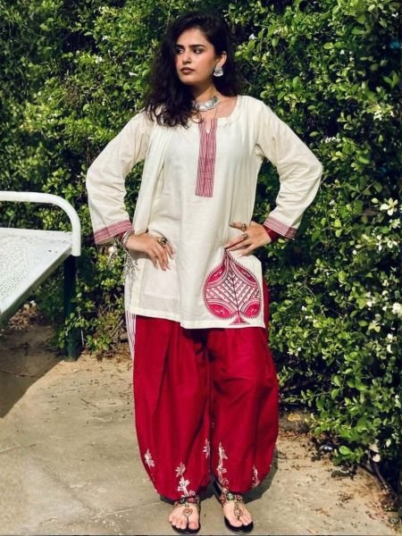 Enchanting White Mal Chanderi Cotton Top with Roman Cotton Balloon Pant 