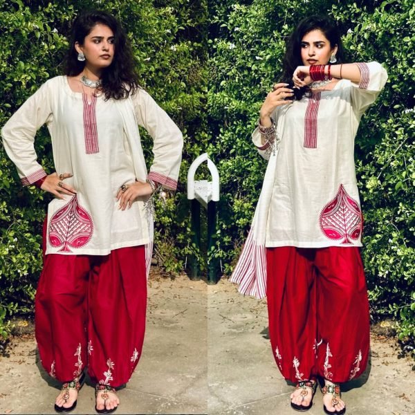 Enchanting White Mal Chanderi Cotton Top with Roman Cotton Balloon Pant Ready To Wear Collection