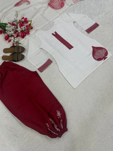 Enchanting White Mal Chanderi Cotton Top with Roman Cotton Balloon Pant Ready To Wear Collection
