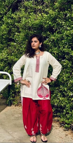 Enchanting White Mal Chanderi Cotton Top with Roman Cotton Balloon Pant Ready To Wear Collection