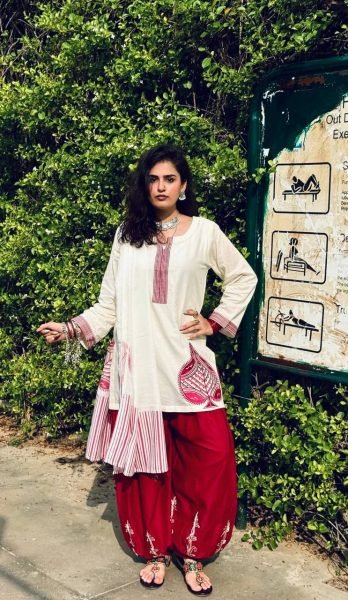Enchanting White Mal Chanderi Cotton Top with Roman Cotton Balloon Pant Ready To Wear Collection