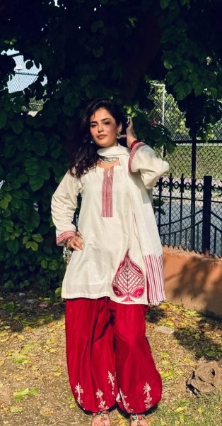 Enchanting White Mal Chanderi Cotton Top with Roman Cotton Balloon Pant Ready To Wear Collection