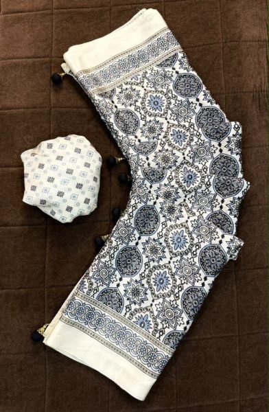 Enchanting White Pure Crepe Gajji Silk Ajrakh Saree with Blouse at Manufacturer Rate Silk Sarees Wholesale