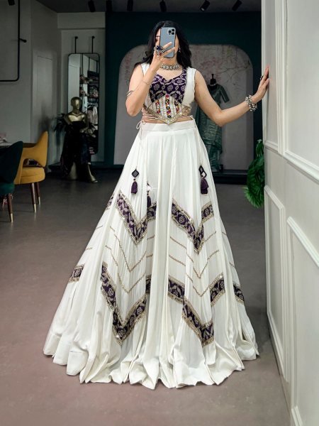 Enchanting White Pure Rayon Navratri Lehenga Choli with Gamthi Mirror Lace Blouse  Lehenga