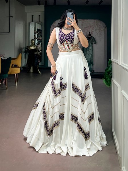 Enchanting White Pure Rayon Navratri Lehenga Choli with Gamthi Mirror Lace Blouse Navratri Lehnega Choli