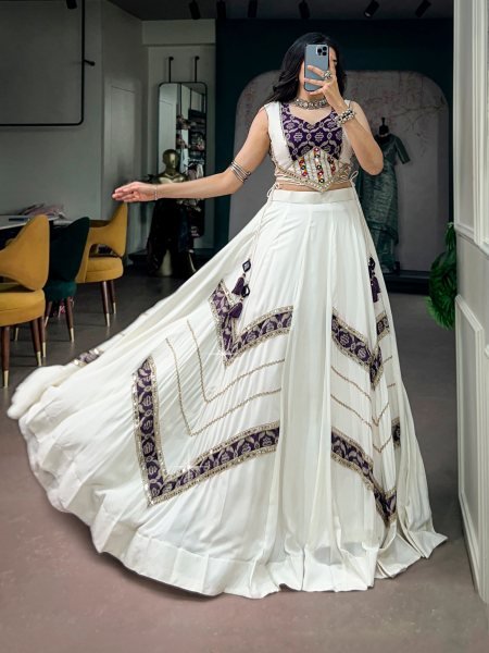 Enchanting White Pure Rayon Navratri Lehenga Choli with Gamthi Mirror Lace Blouse Navratri Lehnega Choli