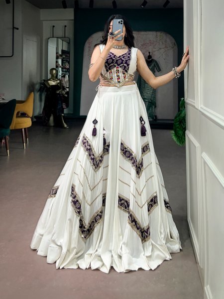 Enchanting White Pure Rayon Navratri Lehenga Choli with Gamthi Mirror Lace Blouse Navratri Lehnega Choli