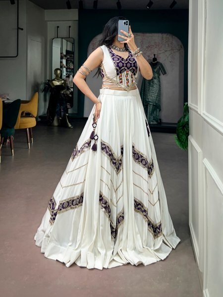 Enchanting White Pure Rayon Navratri Lehenga Choli with Gamthi Mirror Lace Blouse Navratri Lehnega Choli