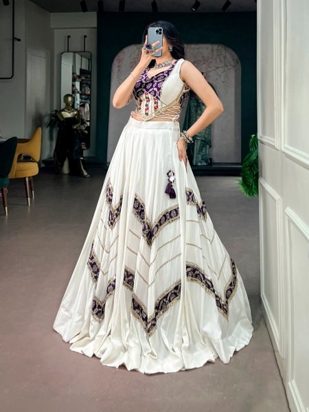 Enchanting White Pure Rayon Navratri Lehenga Choli with Gamthi Mirror Lace Blouse Navratri Lehnega Choli