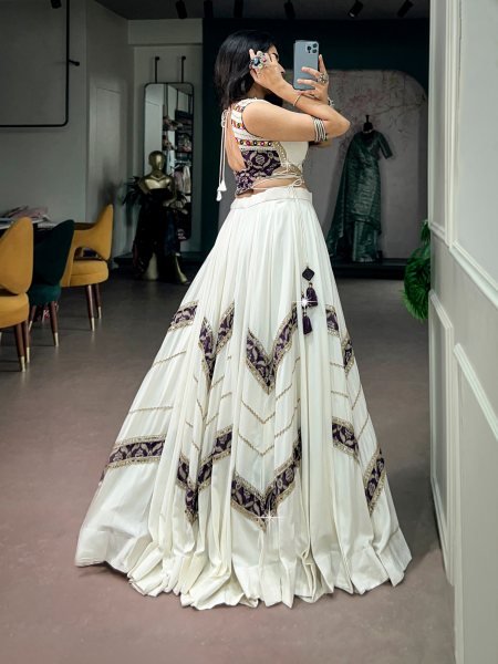 Enchanting White Pure Rayon Navratri Lehenga Choli with Gamthi Mirror Lace Blouse Navratri Lehnega Choli