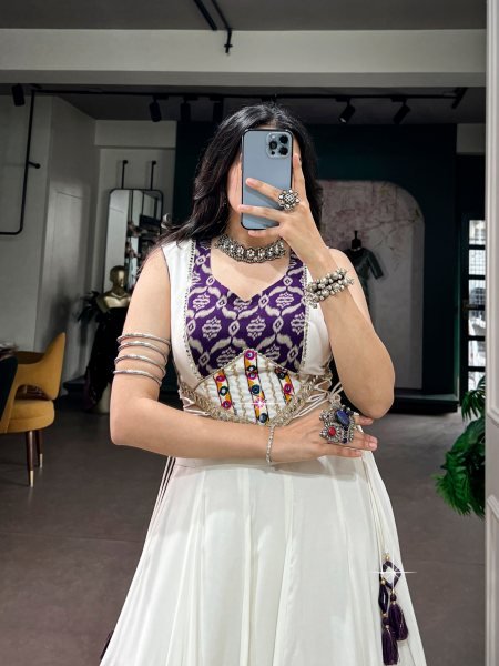 Enchanting White Pure Rayon Navratri Lehenga Choli with Gamthi Mirror Lace Blouse Navratri Lehnega Choli