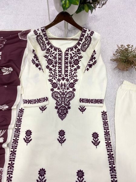 Enchanting White Wine Rayon Slub Embroidered Top Palazzo Set with Dupatta for Women Ready To Wear Collection