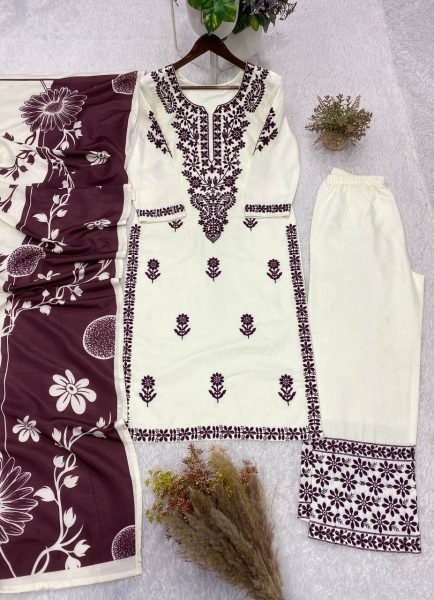Enchanting White Wine Rayon Slub Embroidered Top Palazzo Set with Dupatta for Women Ready To Wear Collection