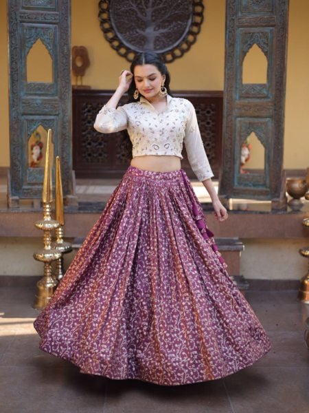 Enchanting Wine Cosmos Weaving Jacquard Lehenga Choli with Fully Stitched Blouse  Lehenga