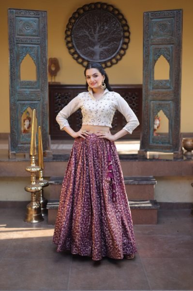 Enchanting Wine Cosmos Weaving Jacquard Lehenga Choli with Fully Stitched Blouse Designer Lehenga Choli
