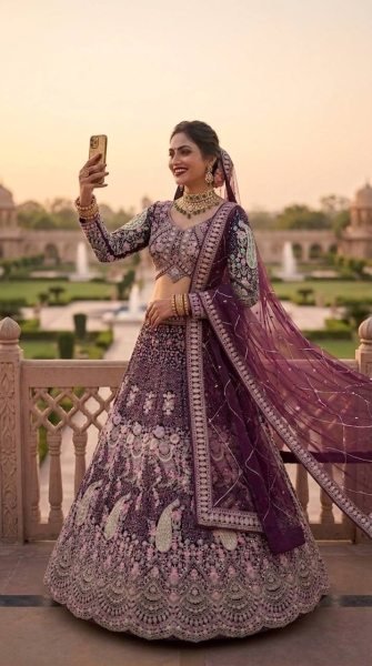 Enchanting Wine Elegant Butterfly Net Lehenga with Heavy Can Can Finish Bridal Lehenga Choli