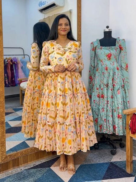 Enchanting Yellow Floral Chanderi Cotton Long Dress with Designer Neck Pattern Kurtis
