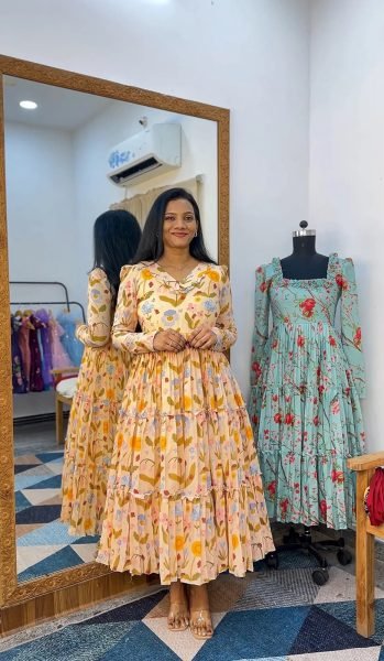 Enchanting Yellow Floral Chanderi Cotton Long Dress with Designer Neck Pattern Western Ladies Top Wholesale