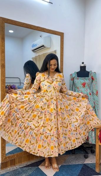 Enchanting Yellow Floral Chanderi Cotton Long Dress with Designer Neck Pattern Western Ladies Top Wholesale