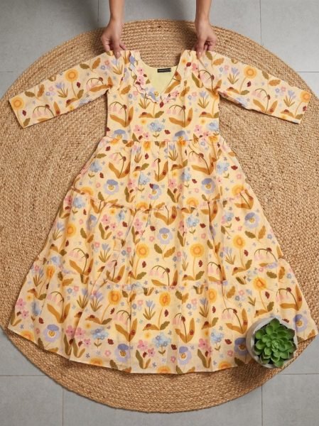 Enchanting Yellow Floral Chanderi Cotton Long Dress with Designer Neck Pattern Western Ladies Top Wholesale