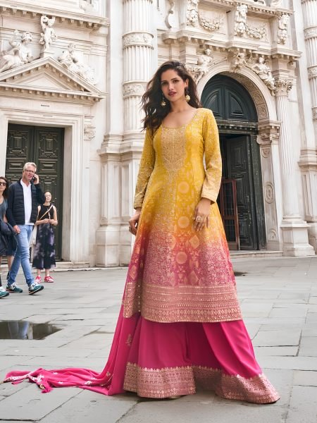 Enchanting Yellow Pink Real Georgette and Jacquard Print Top Palazzo Dupatta Set at Wholesale Rate Salwar Kameez