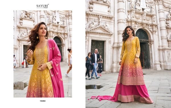 Enchanting Yellow Pink Real Georgette and Jacquard Print Top Palazzo Dupatta Set at Wholesale Rate Designer Plazzo Salwar Suits Wholesale
