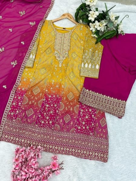 Enchanting Yellow Pink Real Georgette and Jacquard Print Top Palazzo Dupatta Set at Wholesale Rate Designer Plazzo Salwar Suits Wholesale