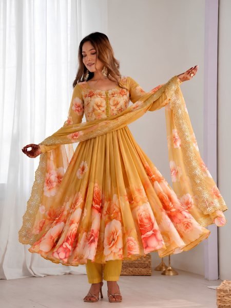 Enchanting Yellow Soft Tabby Organza Digital Print Gown Bottom Dupatta Set for Diwali 
