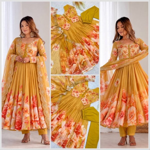 Enchanting Yellow Soft Tabby Organza Digital Print Gown Bottom Dupatta Set for Diwali Ready To Wear Collection