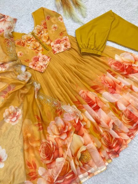 Enchanting Yellow Soft Tabby Organza Digital Print Gown Bottom Dupatta Set for Diwali Ready To Wear Collection