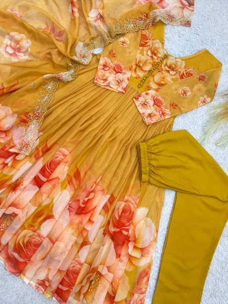 Enchanting Yellow Soft Tabby Organza Digital Print Gown Bottom Dupatta Set for Diwali Ready To Wear Collection