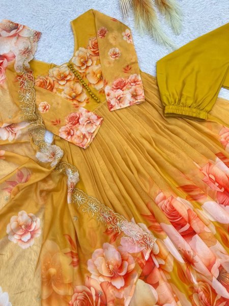 Enchanting Yellow Soft Tabby Organza Digital Print Gown Bottom Dupatta Set for Diwali Ready To Wear Collection