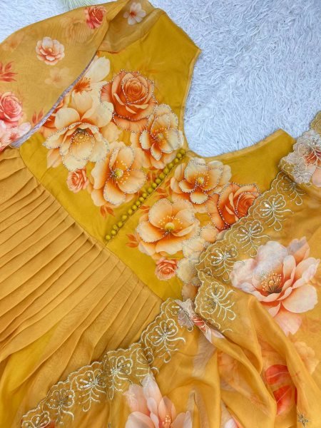 Enchanting Yellow Soft Tabby Organza Digital Print Gown Bottom Dupatta Set for Diwali Ready To Wear Collection